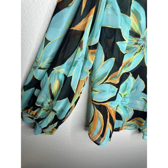 Chico's Blouse Womens 3.5 US 18 Black Teal Floral Sheer Boho Long Sleeve Peasant - Picture 3 of 6